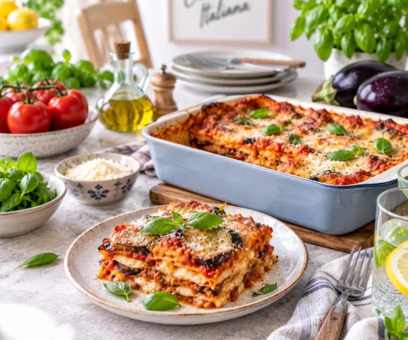 Zamiast mięsa smażony bakłażan. Lasagne alla Norma ma warstwy ricotty, pomidorów i ciągnącej mozzarelli