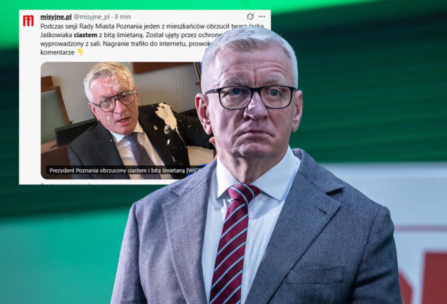 Jacek Jaśkowiak dostał wotum nieufności w twarz. Aktywista uraczył prezydenta tortem. Kto to zrobił i o co poszło?