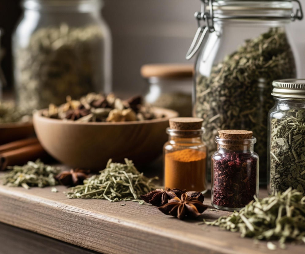 Na brązowej, drewnianej powierzchni rozmieszczone są różne pojemniki z przyprawami i ziołami. W centrum uwagi znajduje się drewniana miska wypełniona mieszanką suszonych ziół, strąków kardamonu i gwiazdek anyżu. Przed miską, w prawym dolnym rogu, leży kilka gwiazdek anyżu i dwie małe szklane buteleczki z korkowymi zakrętkami, zawierające pomarańczowy proszek i bordowe płatki. Po prawej stronie, bliżej krawędzi, stoją dwie szklane słoiki z ziołami oraz fragment białego kubka. W tle, częściowo niewyraźne, widoczne są kolejne szklane słoiki z suszonymi ziołami, a także dwie laski cynamonu leżące na drewnianej powierzchni.