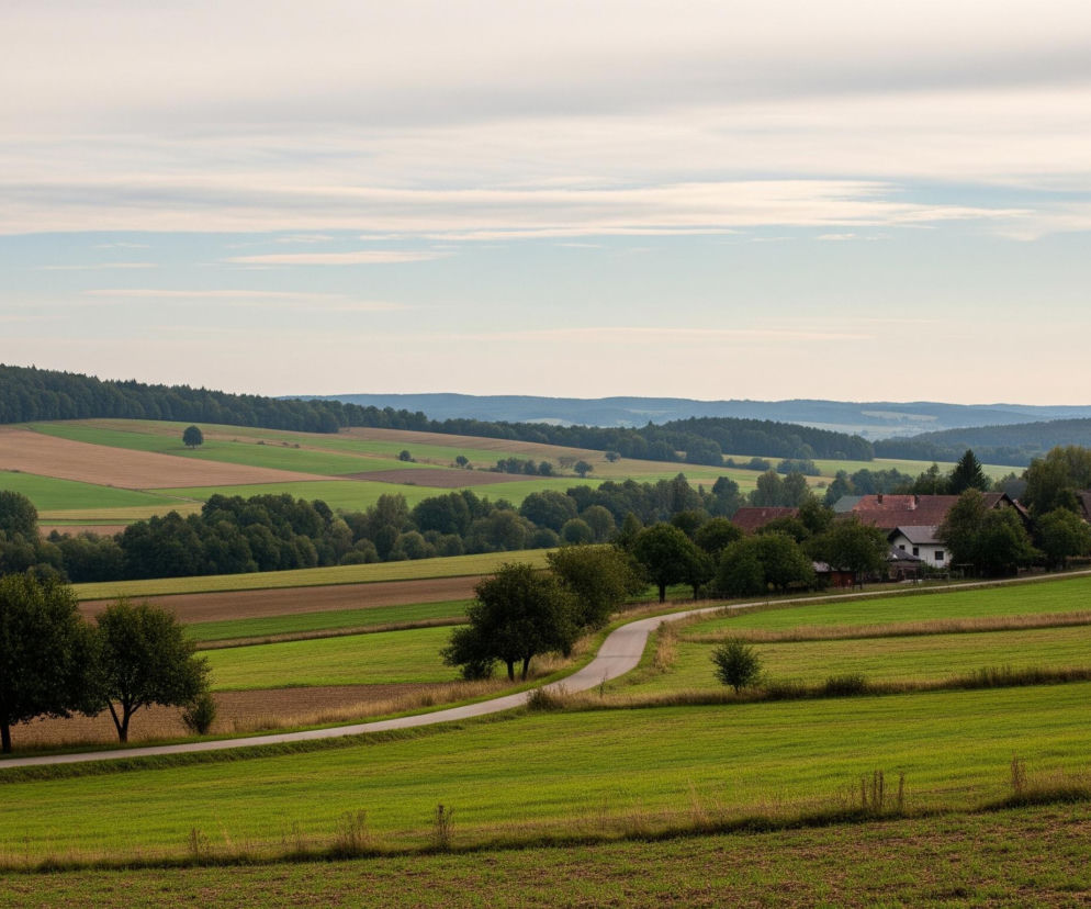 Falisty krajobraz wiejski rozciąga się pod bladoniebieskim niebem z poziomymi, delikatnymi smugami białych chmur. W tle dominują ciemnozielone wzgórza pokryte lasami, a na pierwszym planie widoczne są nieregularne pola uprawne w odcieniach zieleni i brązu, rozdzielone rzędami drzew. Kręta asfaltowa droga wije się przez krajobraz, prowadząc w stronę małej osady z kilkoma domami o jasnych ścianach i ceglanych dachach, ukrytej wśród zieleni po prawej stronie. Po obu stronach drogi rosną drzewa o gęstych koronach, a jeden czerwono-biały słupek znajduje się przy drodze po lewej stronie.