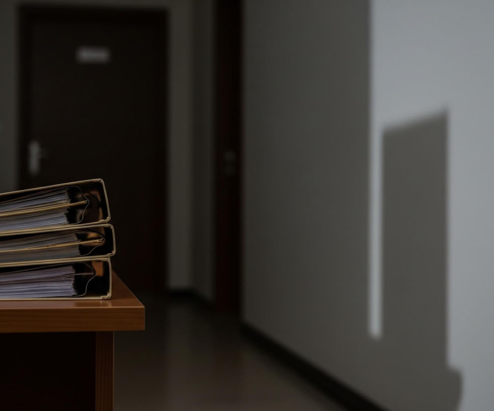 Na pierwszym planie, po lewej stronie kadru, znajduje się fragment brązowego, drewnianego blatu, na którym ułożone są w stos cztery identyczne, beżowe segregatory z dokumentami. Segregatory mają metalowe mechanizmy do spinania kartek, widoczne od góry. Tło jest rozmyte i ukazuje ciemne pomieszczenie z drzwiami po lewej stronie i jasną ścianą po prawej, na której widoczny jest długi, prostokątny cień.