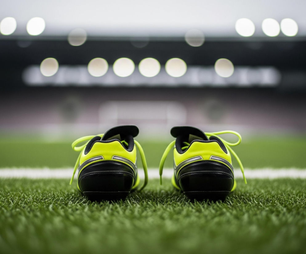 Na pierwszym planie, centralnie, widoczne są dwa czarno-żółte buty sportowe, ustawione tyłem do obserwatora, na murawie boiska. Buty mają jaskrawożółte, neonowe detale, w tym sznurówki i górną część cholewki, kontrastujące z czarnym tyłem. Znajdują się na zielonej, równo przyciętej trawie, która w pewnym momencie jest przedzielona białą linią, a następnie rozciąga się w dalszej perspektywie, rozmywając się. W tle, powyżej trawy, zamazane są trybuny stadionu w ciemnych, szarych odcieniach, a nad nimi unosi się rząd rozmytych, jasnych świateł, tworzących okrągłe plamy.