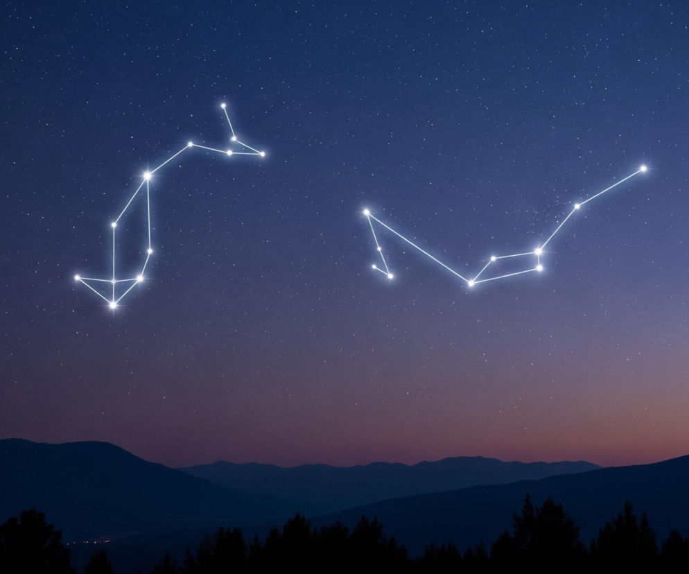 Niebo o zmierzchu lub świcie jest tłem dla dwóch konstelacji, złożonych z jasno świecących białych punktów połączonych liniami. Lewa konstelacja przypomina kształt rekina lub delfina, natomiast prawa ma formę przypominającą literę 'M' lub wąż z ogonem. Poniżej znajduje się sylwetka górzystego krajobrazu z ciemnymi, zalesionymi pagórkami na pierwszym planie, a dalej rozciągają się fale ciemnoniebieskich gór. Horyzont przechodzi od ciemnego granatu w górnej części nieba, poprzez odcienie fioletu, do różowawego paska tuż nad górami.