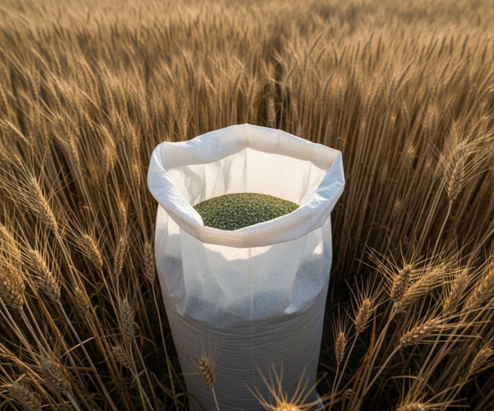 Biały worek wypełniony zielonym nawozem granulowanym stojący na środku pola dojrzałej pszenicy, z kłosami zboża dookoła. Scena symbolizuje dylematy rolników dotyczące sprzedaży pszenicy i zakupu drogich nawozów, o czym przeczytasz na Super Biznes.