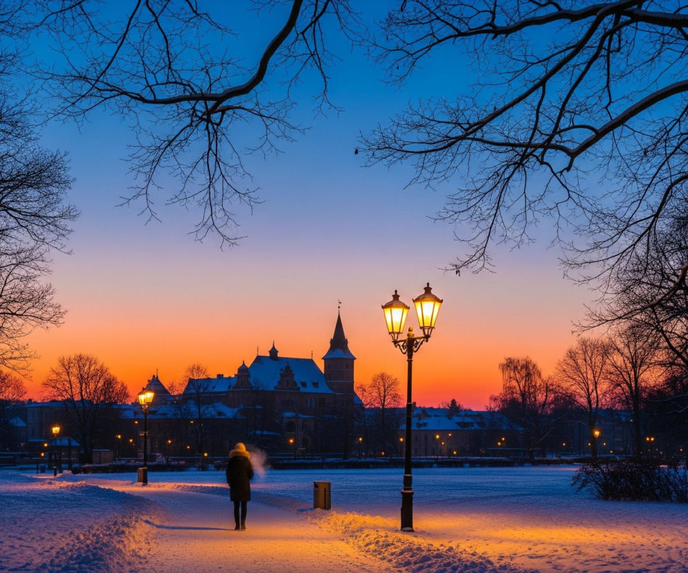 Osoba idąca ścieżką w zaśnieżonym parku podczas zmierzchu lub świtu stanowi centralny element obrazu. Na niebie widać gradient kolorów, od błękitu w górnej części po pomarańczowo-czerwony horyzont, z zabudowaniami i wieżą zamku w tle, pokrytymi cienką warstwą śniegu. Po bokach drogi stoją wysokie, bezlistne drzewa, ich gałęzie oplatają niebo, a ścieżka i trawniki pokryte są grubą warstwą śniegu, rozświetloną ciepłym blaskiem dwóch klasycznych lamp ulicznych.