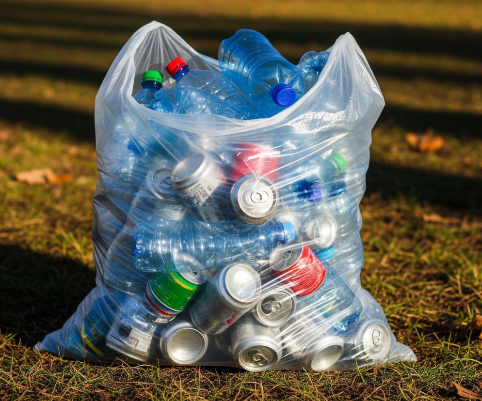 Przezroczysty, plastikowy worek, wypełniony licznymi, niebieskimi butelkami plastikowymi i srebrnymi puszkami, stoi na ziemi pokrytej trawą i suchymi liśćmi. Butelki mają kolorowe zakrętki w odcieniach czerwieni, zieleni i niebieskiego, a niektóre puszki posiadają czerwone lub zielone akcenty. Obiekt rzuca wyraźny cień na podłoże po prawej stronie, a dalsza część tła jest rozmyta, ukazując trawę oraz kilka poziomych pasów ciemnego cienia.