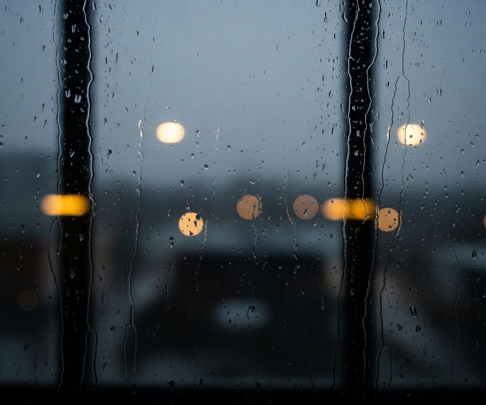 Szyba okna pokryta jest licznymi kroplami wody różnej wielkości, widoczne są również smugi spływającej wody. Dwie pionowe, ciemne ramy okienne dzielą obraz na trzy sekcje. Za szybą rozciąga się rozmyty krajobraz miejski w odcieniach szarości i ciemnego błękitu, z licznymi, rozmazanymi, okrągłymi światłami w kolorze żółtym i pomarańczowym, które stanowią jedyne jasne punkty.