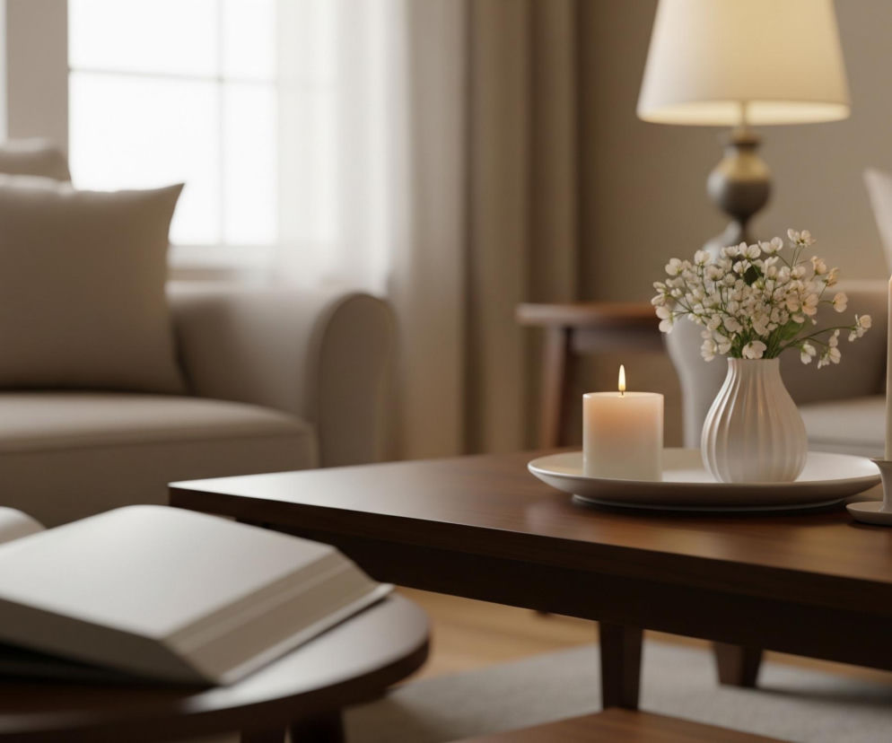 Na pierwszym planie, w centralnej części zdjęcia, znajduje się prostokątny, ciemnobrązowy stolik kawowy. Na nim, na białej, okrągłej tacy, stoi zapalona, kremowa świeca walcowata obok białego wazonu z drobnymi, białymi kwiatami. Obok tacy widać dwa białe świeczniki, z czego jeden ma zapaloną, wysoką, kremową świecę. Po lewej stronie stolika kawowego, na niższym, okrągłym stoliku, leży otwarty, biały album lub książka. W tle widoczne są jasnobrązowe meble wypoczynkowe, składające się z sof i foteli, oraz jasne okno z białymi zasłonami po prawej stronie, a także lampa stołowa z jasnym abażurem, zapewniająca ciepłe oświetlenie.