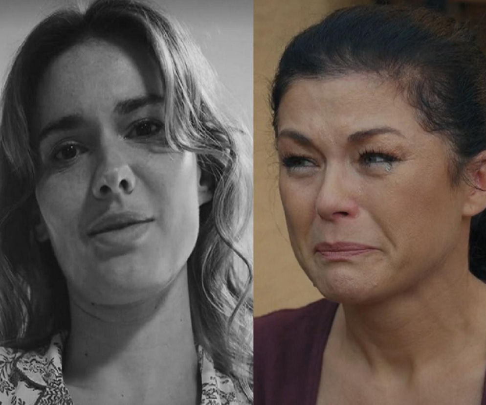 Zestawienie dwóch ujęć: z lewej strony czarno-białe zbliżenie na uśmiechniętą Dominikę Kachlik (Franka), z prawej kolorowe zbliżenie na zapłakaną Katarzynę Cichopek (Kinga). Obie aktorki z M jak miłość w kontekście ostatniej woli Franki. Więcej na Super Seriale.