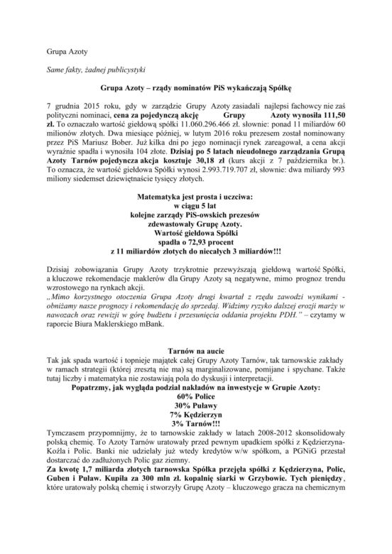 Pismo Urszuli Augustyn w sprawie Grupy Azoty w Tarnowie
