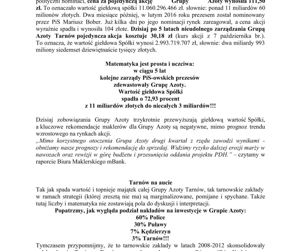 Pismo Urszuli Augustyn w sprawie Grupy Azoty w Tarnowie
