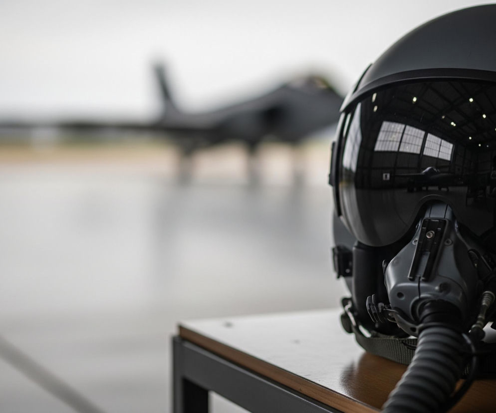 Na pierwszym planie, z prawej strony, leży szary kask lotniczy z ciemnym wizjerem, na którym odbija się wnętrze hangaru z oświetleniem sufitowym i sylwetkami ludzi. Kask spoczywa na drewnianej powierzchni, która jest częścią ciemnej konstrukcji stołu. Za kaskiem, w tle, znajduje się rozmyty, ciemny samolot wojskowy z charakterystycznym ogonem, stojący na zewnątrz hangaru.