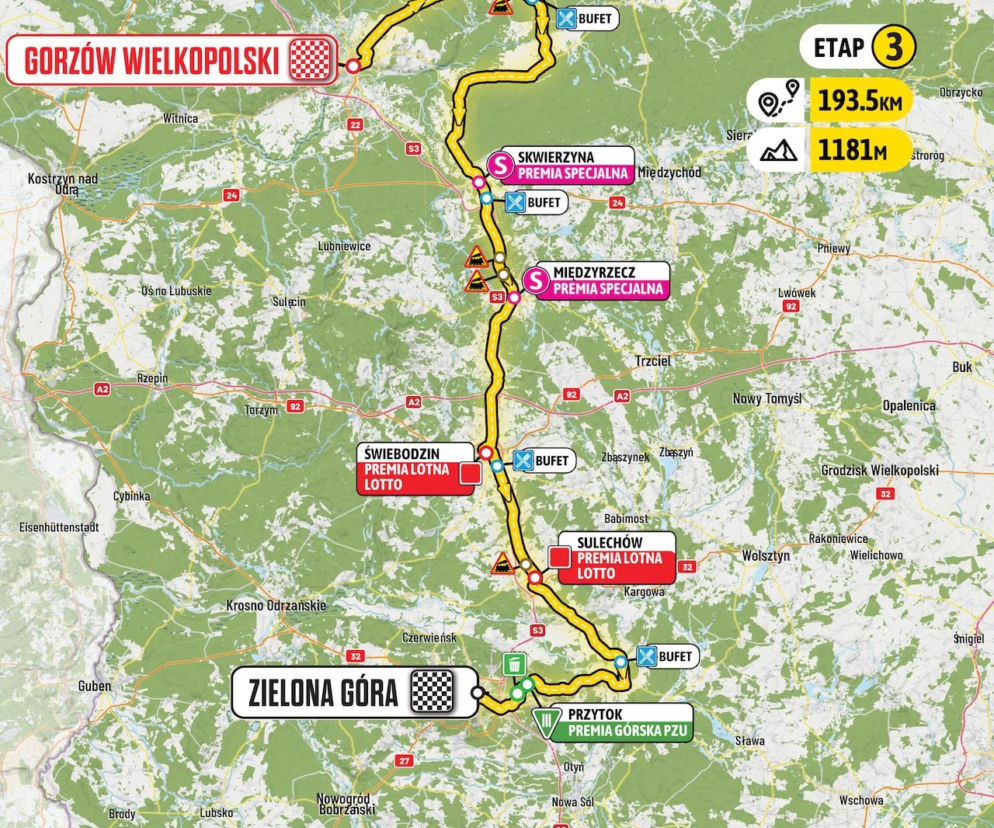 Mapa 3. etapu Tour de Pologne z Gorzowa do Zielonej Góry. O trasie wyścigu przeczytasz na SE Supersport.