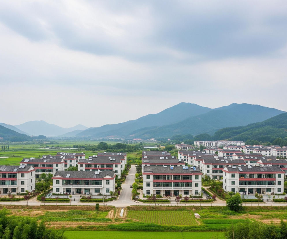 Krajobraz wiejski z widokiem na liczne dwupiętrowe budynki mieszkalne z białymi ścianami i ciemnymi dachami z czerwonymi akcentami, rozmieszczone wzdłuż dwóch równoległych dróg. Domy otoczone są zielonymi polami uprawnymi i pasami bujnej roślinności, a w tle widać szereg zalesionych gór o lekko zamglonych szczytach. Niebo jest częściowo zachmurzone, dominują jasne odcienie szarości i błękitu.