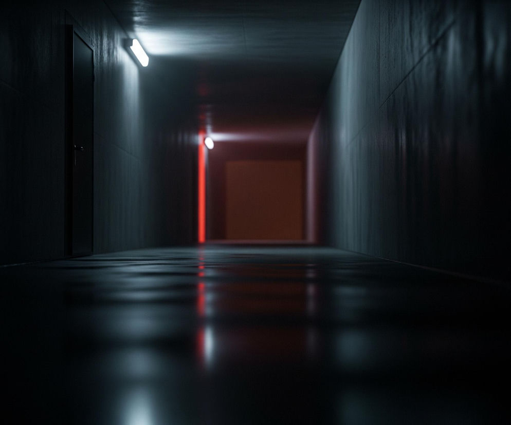Długi, ciemny korytarz, oświetlony miejscowo, rozciąga się w głąb obrazu. Z lewej strony widoczne są drzwi, a nad nimi świeci podłużna, biała lampa. Dalej w korytarzu, po prawej stronie, pojawia się czerwone światło, tworząc intensywny kontrast z dominującą ciemnością i zimnymi odcieniami. Gładka posadzka korytarza odbija światło lamp i czerwony blask, tworząc rozmyte refleksy.