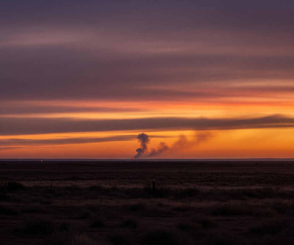 Rozległy, ciemny krajobraz równinny o zachodzie słońca. Dominują odcienie pomarańczu i fioletu na niebie, przechodzące od jasnego pomarańczu nisko nad horyzontem do ciemnego fioletu w górnej części. Na horyzoncie, po prawej stronie, widać jasne, czerwonawe światło i unoszący się ponad nim gęsty, ciemny słup dymu, rozpraszający się poziomo w prawą stronę. Poniżej nieba rozciąga się ciemna ziemia z niewyraźnymi zarysami niskiej roślinności, tworząca niemal czarny pas na pierwszym planie.
