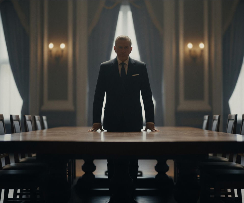 Mężczyzna w ciemnym garniturze i krawacie stoi za dużym, polerowanym drewnianym stołem konferencyjnym, opierając na nim dłonie. W tle, po obu stronach mężczyzny, widać dwa wysokie okna zasłonięte ciemnymi, ciężkimi zasłonami, przez które wpada jasne, rozproszone światło. Po bokach stołu ustawione są liczne drewniane krzesła z ciemnymi obiciami, tworząc długi rząd po obu stronach. Ściany pomieszczenia są ciemne, a na nich widoczne są dwa symetrycznie rozmieszczone kinkiety o ciepłym, żółtym świetle.