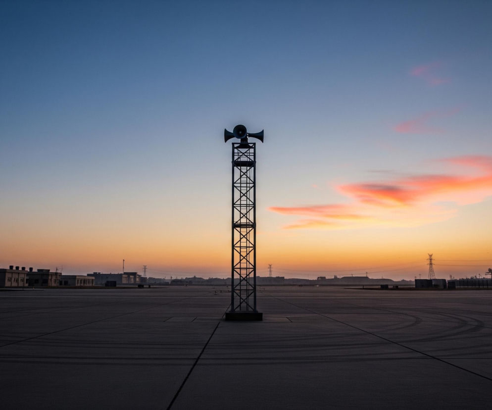 Ciemna sylwetka metalowej wieży z dwoma megafonami na szczycie stoi centralnie na pierwszym planie, na tle rozległego, pustego asfaltowego placu z licznymi śladami kół. Horyzont dominuje stopniowo przechodzące kolory nieba, od głębokiego błękitu na górze, przez jaśniejszy błękit, aż po odcienie pomarańczy i żółci bliżej linii ziemi. Po prawej stronie nieba unosi się wydłużona chmura o intensywnym, różowo-pomarańczowym zabarwieniu. W oddali, po obu stronach placu, widoczne są zarysy niskich budynków i gdzieniegdzie maszty wysokiego napięcia.