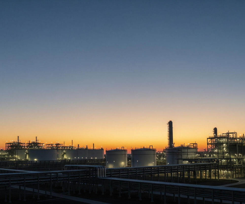 Panoramiczny widok na rozległy kompleks przemysłowy o zmierzchu lub świcie. Horyzont dominuje stopniowo przechodzący z granatu w górze w ciepły pomarańczowy odcień na dole nieboskłonu. Na pierwszym planie, w dolnej części obrazu, widoczny jest system rurociągów oraz ciemny, płaski teren.

W centrum kadru, na horyzoncie, rozciąga się infrastruktura przemysłowa, w tym liczne białe zbiorniki o cylindrycznym kształcie oraz rozbudowane konstrukcje rafinerii i rurociągów. Budynki i obiekty są oświetlone licznymi żółtymi światłami, co podkreśla ich kontury i detale w półmroku. W oddali, na ciemnym tle ziemi, widać niewyraźne zarysy masztów oświetleniowych, również świecących jasnym, żółtym blaskiem.