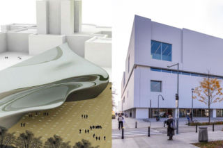 Po lewej: projekt AIA Architects i Jarosława Kozakiewicza. Po prawej: zrealizowany projekt Thomas Phifer and Partners