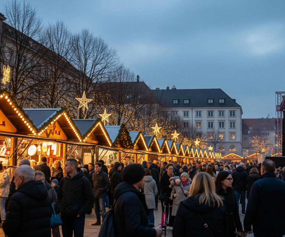 Uliczny rynek tętni życiem po zmroku, wypełniony tłumem ludzi. Wzdłuż alei ciągnie się rząd drewnianych straganów z jasnym oświetleniem w postaci girland żarówek i dekoracjami ze sztucznych gałązek. Nad niektórymi straganami zawieszone są duże, świetlne gwiazdy. W tle widoczne są budynki z oknami, niektóre z nich również ozdobione światełkami, oraz drzewa bez liści, gęsto oplecione girlandami świetlnymi. Po prawej stronie zdjęcia znajduje się scena z fioletowym oświetleniem, z widocznymi głośnikami i konstrukcją kratownicową. Niebo jest ciemne i zachmurzone, wpadające w odcień granatu.