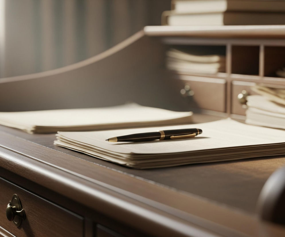 Na drewnianym, ciemnobrązowym biurku w stylu sekretarzyka leży stos kremowych papierów, a na wierzchu nich czarne pióro z błyszczącym, złotym klipsem. Z lewej strony w tle znajduje się drugi, mniejszy stos papierów. Prawa strona biurka zawiera podniesioną półkę z przegródkami, w których leżą kolejne dokumenty i stosy książek w jasnych oprawach. Całość oświetlona jest miękkim, ciepłym światłem padającym z lewej strony, rozjaśniającym część powierzchni biurka i tworzącym lekkie cienie.