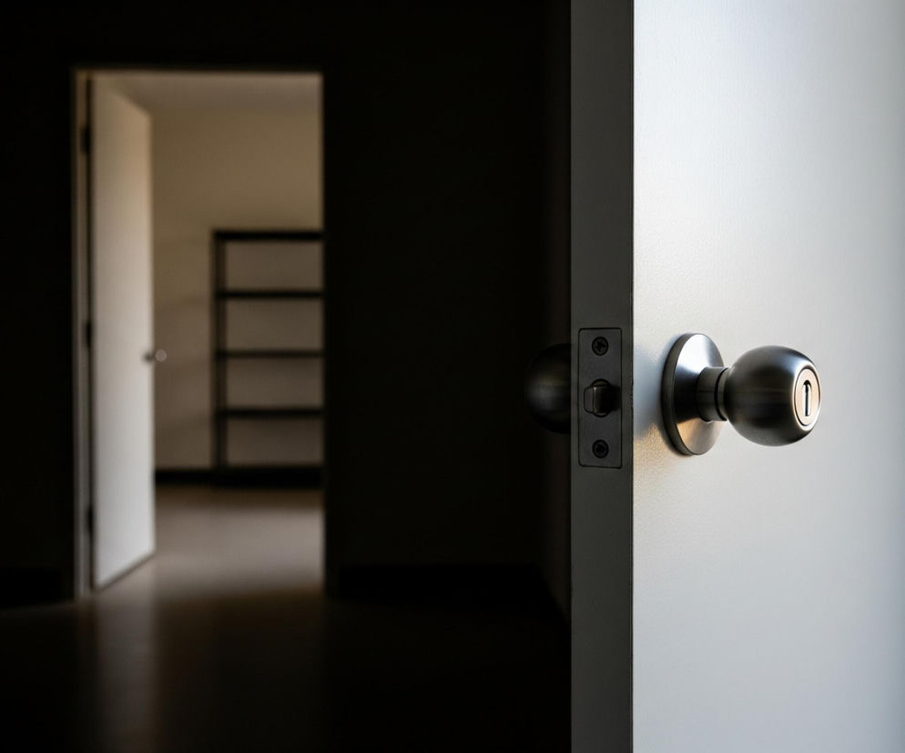 Prawie całkowicie otwarta, biała drewniana drzwi z metalową, okrągłą klamką i zamkiem po prawej stronie kadru. Z lewej strony widać ciemny korytarz, prowadzący do słabo oświetlonego pomieszczenia z kolejnymi, otwartymi drzwiami w oddali. W głębi widoczny jest również pusty, ciemny regał z kilkoma półkami. Całość utrzymana jest w kontrastowych barwach bieli i czerni, z odrobiną szarości.