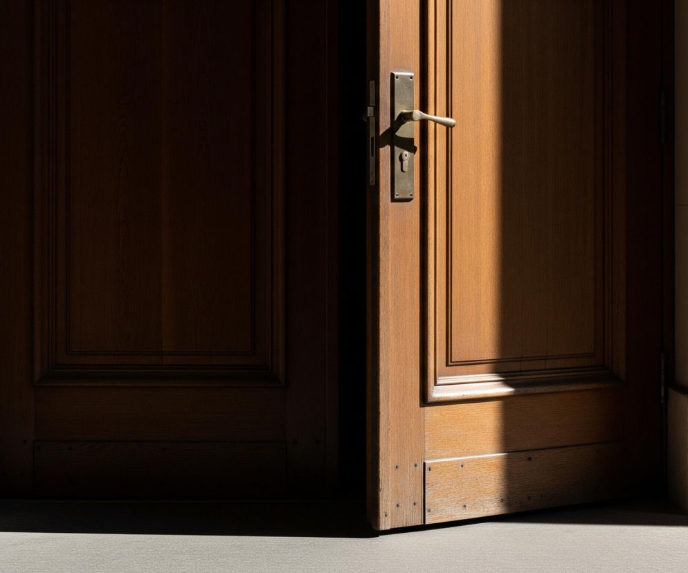 Częściowo uchylone, dwuskrzydłowe drewniane drzwi. Lewe skrzydło jest prawie całkowicie zacienione, podczas gdy prawe jest częściowo oświetlone ukośnym pasmem światła słonecznego, ujawniającym ciepły brązowy odcień drewna i metalową klamkę z zamkiem w kolorze mosiądzu. Obie strony drzwi otoczone są jasnymi, kamiennymi filarami o teksturowanej powierzchni, a u ich podstawy widoczny jest szary, kamienny próg.