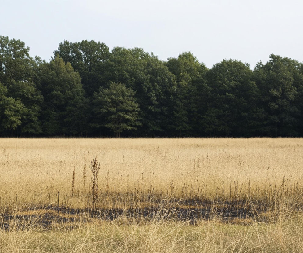 Rozległe pole suchej, beżowo-złotej trawy rozciąga się na pierwszym planie i w środkowej części obrazu, zajmując około dwóch trzecich kadru. Na dole widoczna jest jaśniejsza, rzadsza trawa, która przechodzi w gęstsze i ciemniejsze, spalone obszary bliżej środka, z wyraźnymi plamami czarnego popiołu. Horyzont wyznacza ciemnozielony, gęsty las liściastych drzew, o nieregularnym, lekko falującym kształcie górnej linii, a nad nim rozpościera się jasne, niemal białe niebo.