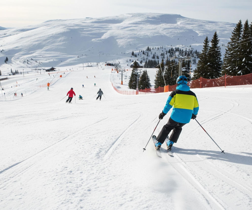 Narciarz w niebiesko-żółtej kurtce i czarnych spodniach zjeżdża po ośnieżonym stoku, patrząc w dół. Za nim, w oddali, widać kolejnych narciarzy oraz wyciągi krzesełkowe i orczykowe, a także szereg zielonych drzew. W tle dominują góry pokryte białym śniegiem pod jasnym, częściowo zachmurzonym niebem. Cały stok jest pokryty świeżym, białym śniegiem z widocznymi śladami nart.