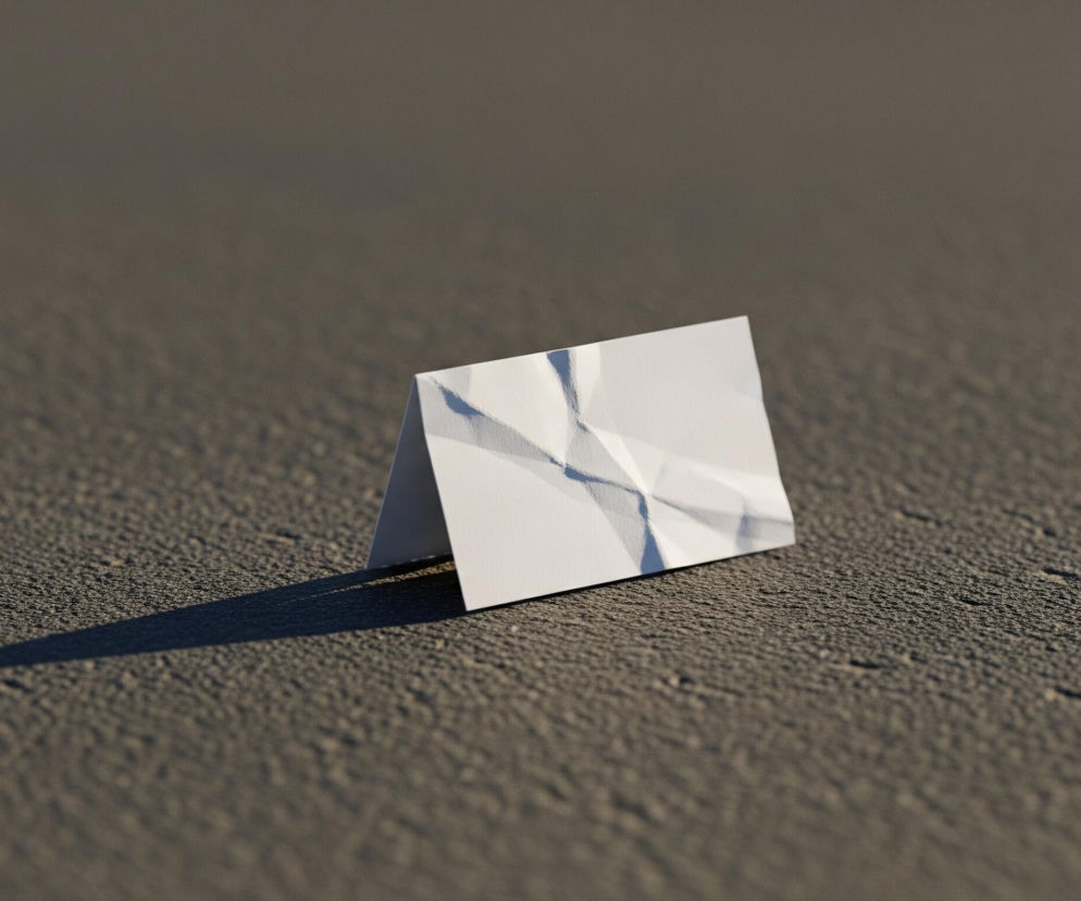 Na zdjęciu centralnie umieszczona jest złożona kartka papieru w jasnym kolorze, stojąca na chropowatej, ciemnoszarej powierzchni. Na złożonej kartce widoczne są nieregularne, ciemniejsze smugi, przypominające zagniecenia lub abstrakcyjny wzór w odcieniach błękitu i szarości. Kartka rzuca długi, ciemny cień na powierzchnię pod nią, skierowany w lewo. Tło stanowi ta sama szara, ziarnista powierzchnia, która rozciąga się w głąb obrazu, stopniowo stając się bardziej rozmyta.