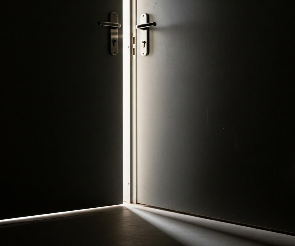 Para uchylonych, ciemnoszarych drzwi zajmuje centralną część kadru, tworząc pionową szczelinę jasnego światła pomiędzy nimi. Prawa strona wewnętrznej ościeżnicy i kawałek sąsiedniej ściany są białe, oświetlone przez to samo źródło światła, podczas gdy lewe skrzydło drzwiowe jest niemal całkowicie pogrążone w cieniu. Na obu drzwiach widoczne są metalowe, srebrne klamki i szyldy z otworami na klucz, odbijające światło. Na podłodze, u dołu obrazu, rozlewa się stożek jasnego światła, rzucając wydłużony cień od prawego skrzydła drzwi.