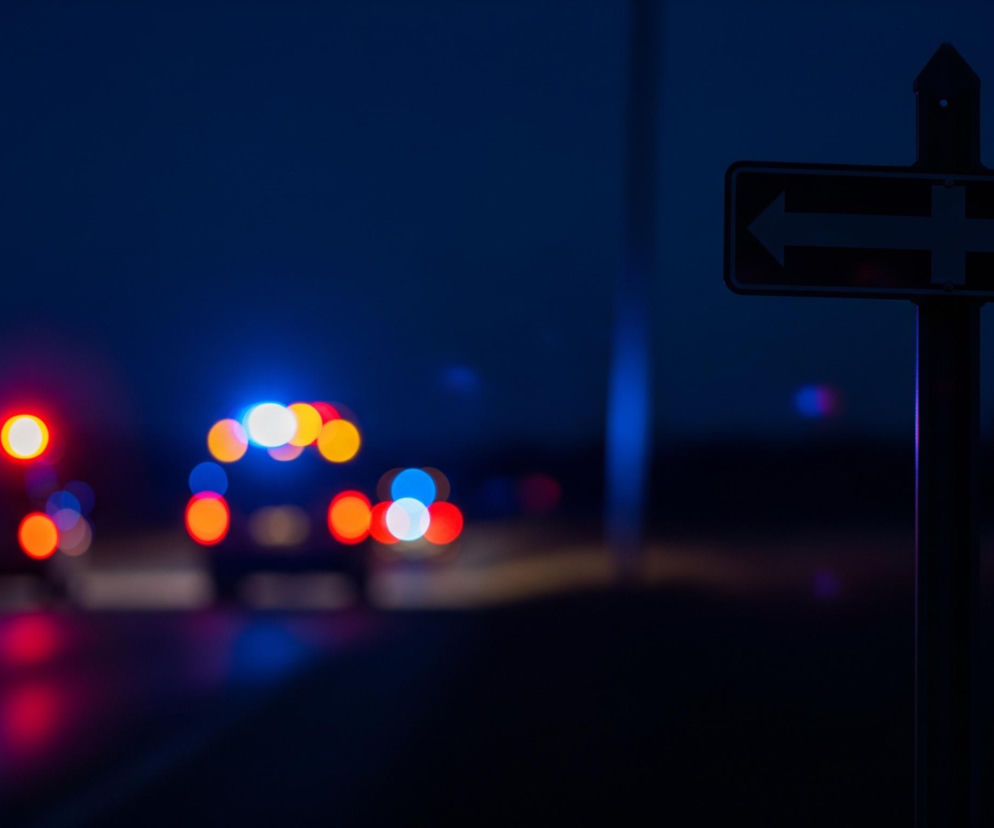 Na pierwszym planie, po prawej stronie, stoi ciemna tablica z białymi, poziomymi strzałkami wskazującymi w lewo i w prawo. Tło jest ciemnogranatowe, niemal czarne, symbolizujące noc. W oddali, po lewej stronie, migają rozmyte światła samochodowe: czerwone i niebieskie, rzucając odbicia na niewidoczną nawierzchnię.