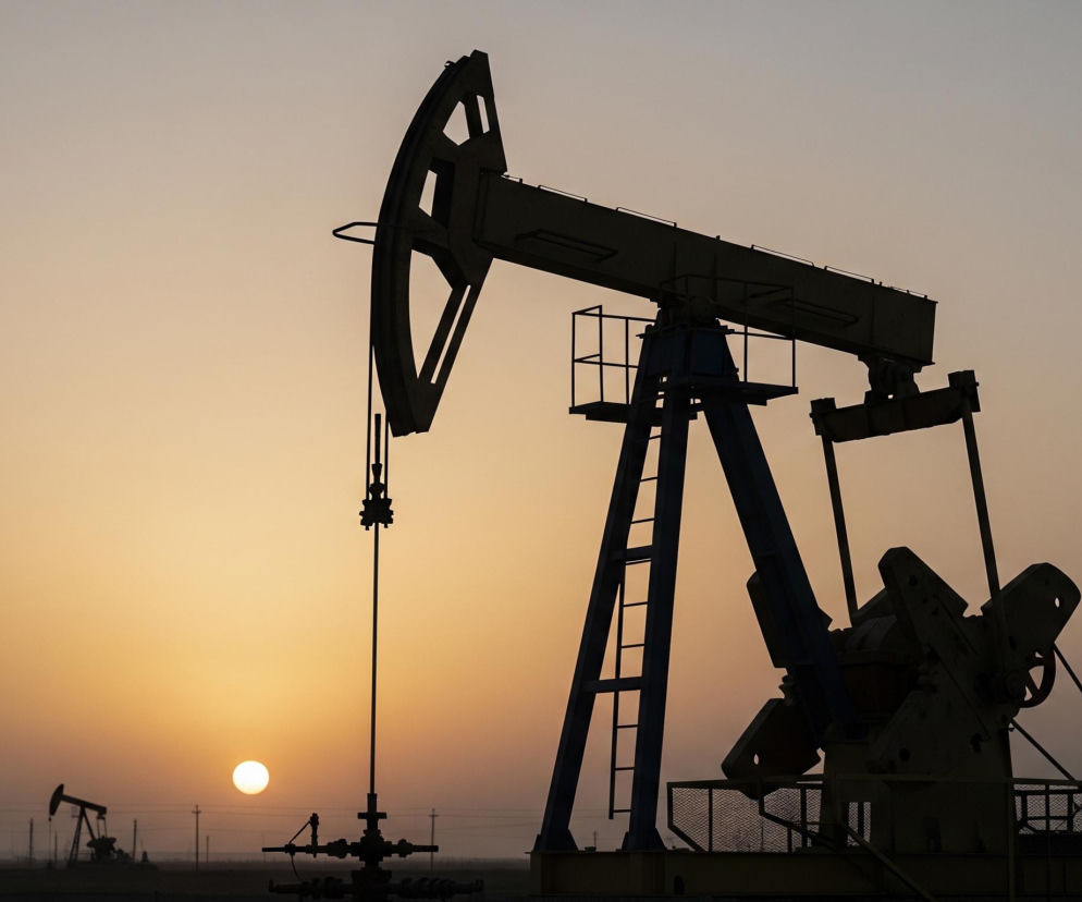 Horyzontem dominuje sylwetka pompy naftowej, zaciemniona przez zachodzące słońce, które jawi się jako jasny, okrągły punkt w dolnej, lewej części kadru. Niebo, o ciepłych odcieniach pomarańczu i różu, przechodzi w jaśniejszy, żółtawy kolor w pobliżu słońca, a ku górze blednie w szarość. Po lewej stronie, w oddali, widać kolejną, mniejszą pompę naftową oraz zarys słupów i linii horyzontu. Cały obraz utrzymany jest w stylistyce zachodu słońca, z wyraźnym kontraście między ciemnymi sylwetkami obiektów a rozświetlonym niebem.