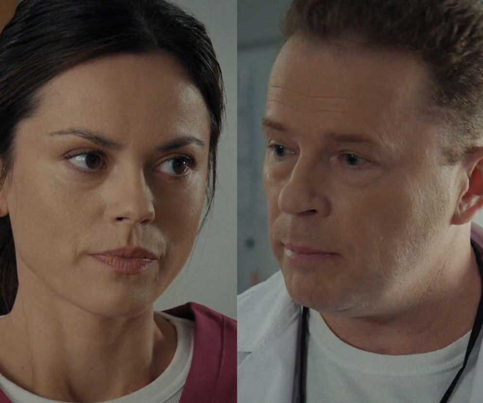 Paulina Lasota jako Kasia z zasmuconą miną i mężczyzna patrzący w bok z troską, ukazani w zbliżeniu na twarze podczas trudnej rozmowy o długach. Więcej o ich losach w M jak miłość na Super Seriale.