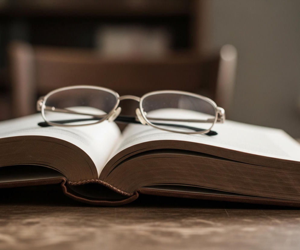 Na drewnianym, brązowym blacie leży otwarta książka z twardą, brązową okładką, a jej białe strony są lekko pofalowane. Na rozłożonej książce spoczywają złote okulary w cienkich oprawkach. W tle widać rozmyte meble, prawdopodobnie regał z książkami i krzesło, oraz jasne światło z okna po prawej stronie.