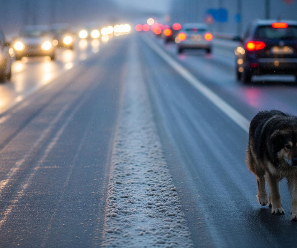 Pies o ciemnobrązowej sierści z beżowymi znaczeniami idzie prawą stroną drogi, jego przednie łapy są wyraźnie widoczne, a na sierści widać pojedyncze płatki śniegu. Przed nim i za nim widać białą, przerywaną linię drogową, obok której biegnie pas pokryty śniegiem. Na lewo od psa rozciąga się dwupasmowa droga, na której poruszają się samochody z włączonymi światłami. W tle, droga zanika w mglistej oddali, gdzie widać rozmyte światła samochodów.