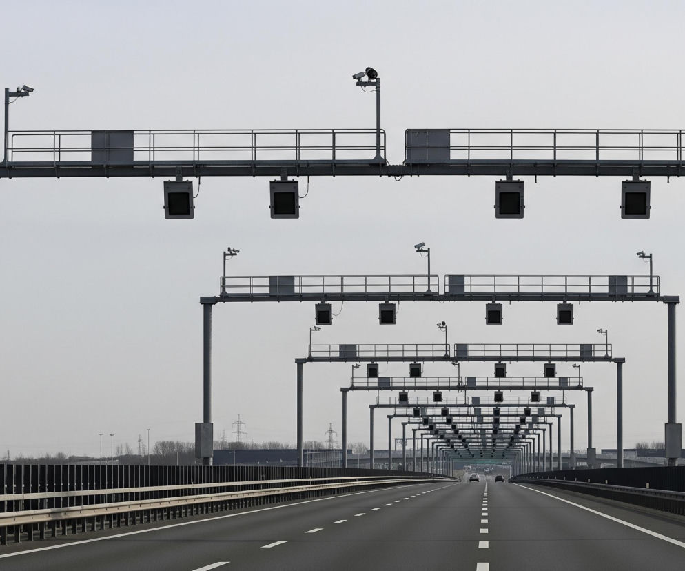 Droga szybkiego ruchu o trzech pasach ruchu w każdym kierunku ciągnie się w perspektywie, z białymi przerywanymi liniami oddzielającymi pasy. Nad nią rozciąga się szereg stalowych, szarych konstrukcji portalowych, z których każda jest wyposażona w szereg ekranów i kamer skierowanych w dół, a także w barierki ochronne na górnej platformie. Pojazdy są widoczne w oddali na prawym i środkowym pasie, a w tle widać ciemne sylwetki drzew i słupów wysokiego napięcia. Horyzont dominuje jasne, jednolite szare niebo.