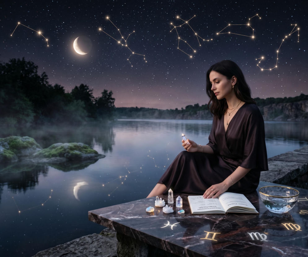 Kobieta siedząca nad jeziorem w nocnej scenerii, trzymająca w dłoni świecący kryształ. Na niebie widoczne są konstelacje zodiakalne i sierp księżyca. Obok niej na kamiennej płycie leży otwarta książka, kryształy i symbole znaków zodiaku. Więcej o horoskopach przeczytasz na naszym portalu.