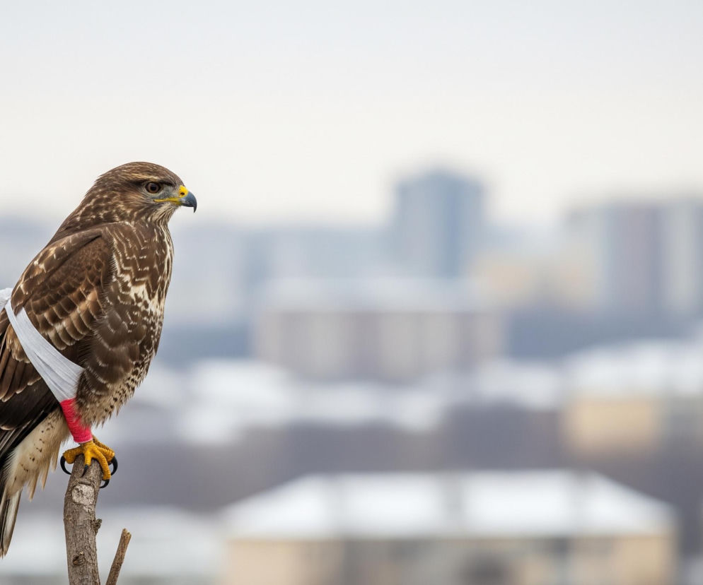 Jastrząb o brązowo-białym upierzeniu siedzi na bezlistnej gałęzi drzewa, z wyraźnie widocznym białym bandażem owiniętym wokół jego tułowia i czerwonym bandażem na jednej z nóg. Ptak ma żółty dziób z czarną końcówką i ciemne oczy, spogląda w prawą stronę obrazu. W tle, rozmyte i niewyraźne, widać miasto z różowymi i szarymi budynkami oraz fragmentami pokrytych śniegiem dachów.