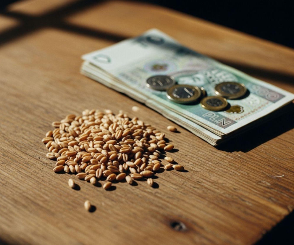 Ziarna zbóż na drewnianym stole obok stosu banknotów i monet symbolizują niskie ceny pszenicy oraz kwestię opłacalności upraw, co jest tematem przewodnim artykułu na portalu Super Biznes.