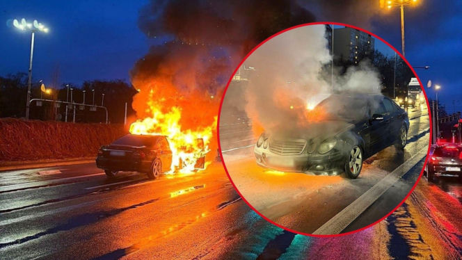 Mercedes płonął jak pochodnia! Czarny dym widać było z daleka