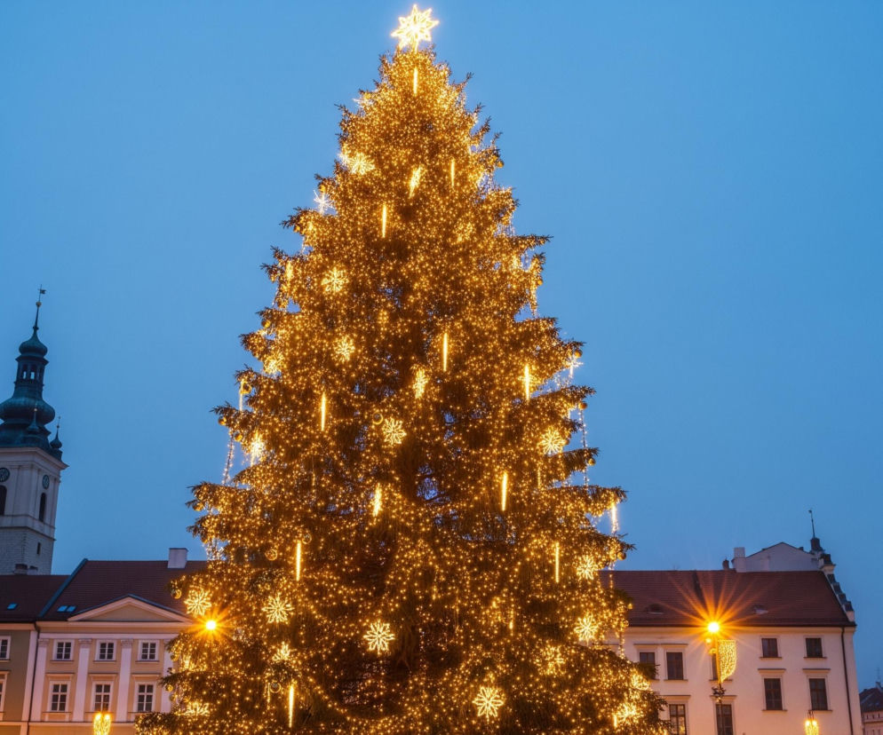 W centrum obrazu widać wysoką, udekorowaną choinkę, gęsto pokrytą ciepłymi, żółtymi światełkami. Na szczycie choinki znajduje się świecąca gwiazda, a wśród światełek rozmieszczone są ozdoby w kształcie płatków śniegu oraz pionowe, spadające kurtyny świetlne. Drzewo stoi na tle ciemnobłękitnego nieba. Po lewej stronie choinki widoczna jest wieża kościelna z zegarem i zielonym kopułowym dachem, a także fragmenty jasnych budynków z czerwonymi dachami. Po prawej stronie również widać budynki, oświetlone przez latarnie uliczne, które mają dekoracyjne, świetlne ozdoby.