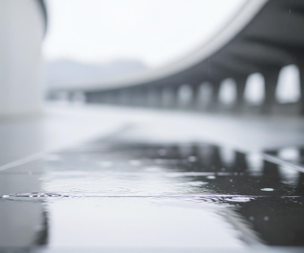 Wilgotna, ciemna powierzchnia ułożona z prostokątnych płyt stanowi pierwszy plan, na niej widoczne są liczne kałuże z drobnymi falami i okrągłymi kręgami, wskazującymi na padające krople deszczu. Białe, jasne linie fug dzielą płyty, biegnąc w stronę horyzontu. W tle rozciąga się długi, zakrzywiony budynek o gładkich, jasnych ścianach, z rzędem łukowatych wnęk lub otworów widocznych po prawej stronie. Ogólna kolorystyka obrazu jest utrzymana w odcieniach szarości, bieli i czerni, tworząc monochromatyczny i nieco zamglony krajobraz.