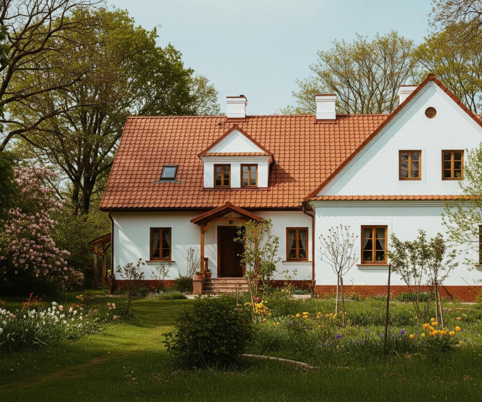 Biały dom z czerwonym dachem pokrytym dachówką, otoczony zielenią. Budynek posiada liczne okna z drewnianymi ramami w kolorze brązowym, a także kilka okien dachowych oraz dwie białe kominy. Przed domem rozciąga się zielony trawnik z licznymi kolorowymi kwiatami, takimi jak białe, żółte, fioletowe i czerwone, oraz niskie krzewy. W tle i po bokach rosną wysokie drzewa z zielonymi liśćmi, a także kwitnące drzewo o różowych kwiatach po lewej stronie.