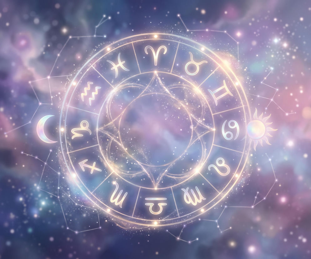 Świecący złoty krąg z symbolami zodiaku na tle kosmosu. O horoskopie na dziś przeczytasz na portalu VOX FM.