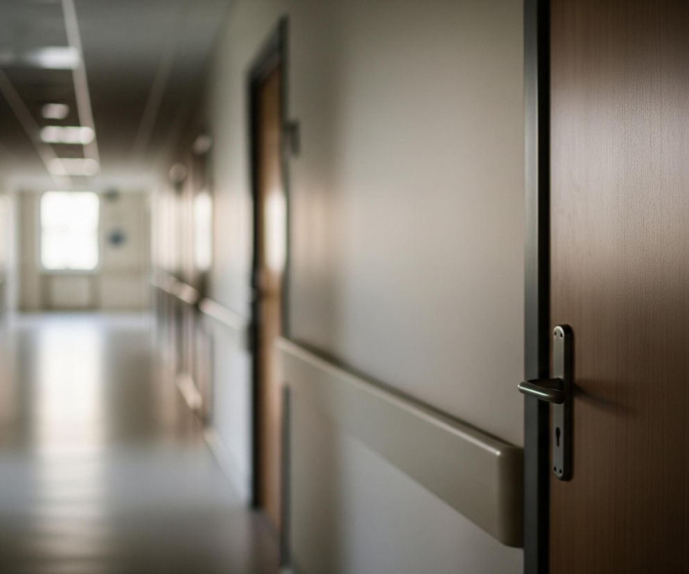 Na pierwszym planie, po prawej stronie kadru, znajduje się drewniane skrzydło drzwi w kolorze jasnobrązowym, z metalową klamką i zamkiem. Obok drzwi, na ścianie, biegnie pozioma, beżowa listwa ochronna. Dalej w głąb perspektywy rozciąga się długi korytarz z kremowymi ścianami i lśniącą podłogą, która odbija światło wpadające z okna na jego końcu. Korytarz jest symetrycznie oświetlony od góry przez rozproszone światło, tworząc miękkie cienie wzdłuż ścian, a w oddali widać nieostre zarysy kolejnych drzwi i źródło jasnego światła.