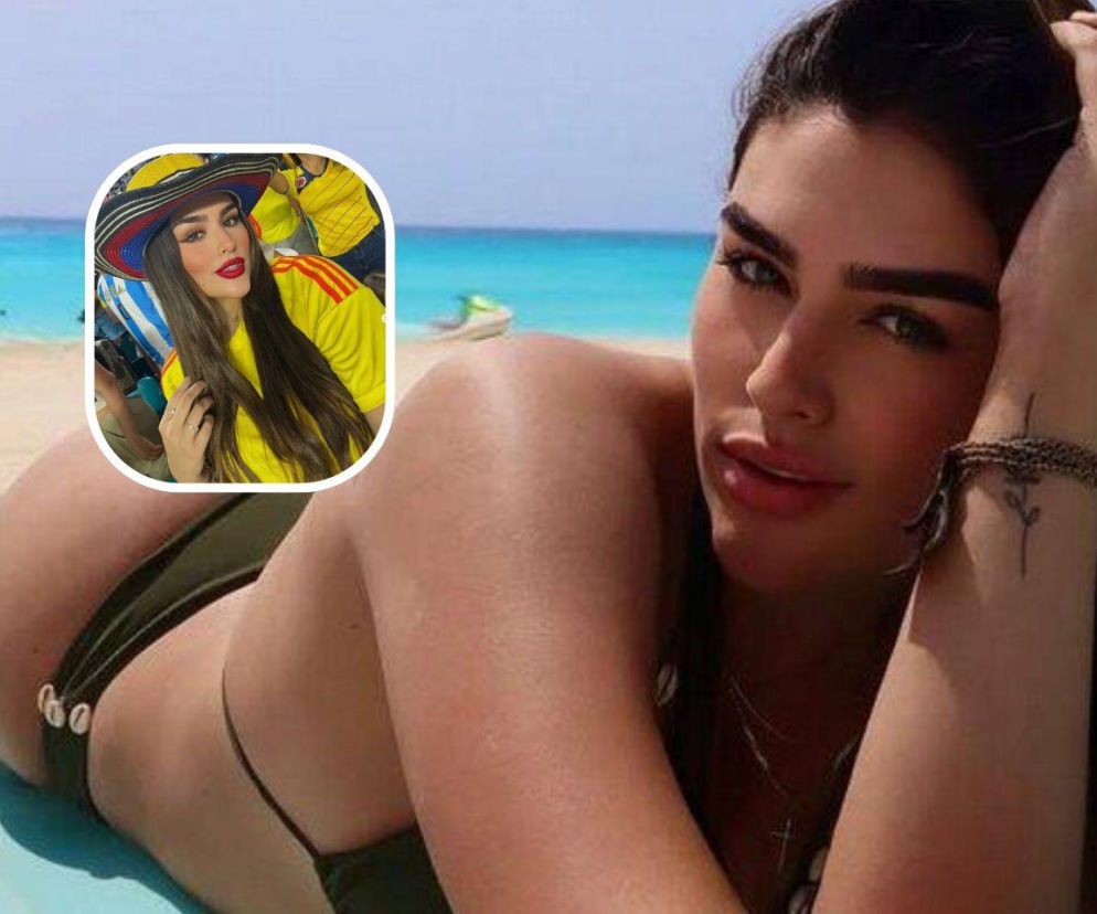 Miranda Yepes, córka Mario Yepesa, w zielonym bikini leży na plaży, z dłonią opartą o głowę, ukazując subtelny tatuaż na nadgarstku. W tle, w mniejszym kadrze, uśmiechnięta Miranda w kapeluszu i żółtej koszulce kibica. O jej życiu poza stadionem przeczytasz na naszym portalu.