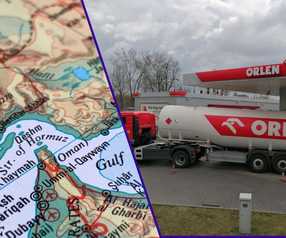 Mapa Bliskiego Wschodu z zaznaczoną Cieśniną Ormuz oraz stacja paliw Orlen z cysterną. Zdjęcie ilustruje bezpieczeństwo dostaw paliw do Polski i uniezależnienie od zagrożeń w regionie, o czym przeczytasz na Super Biznes.