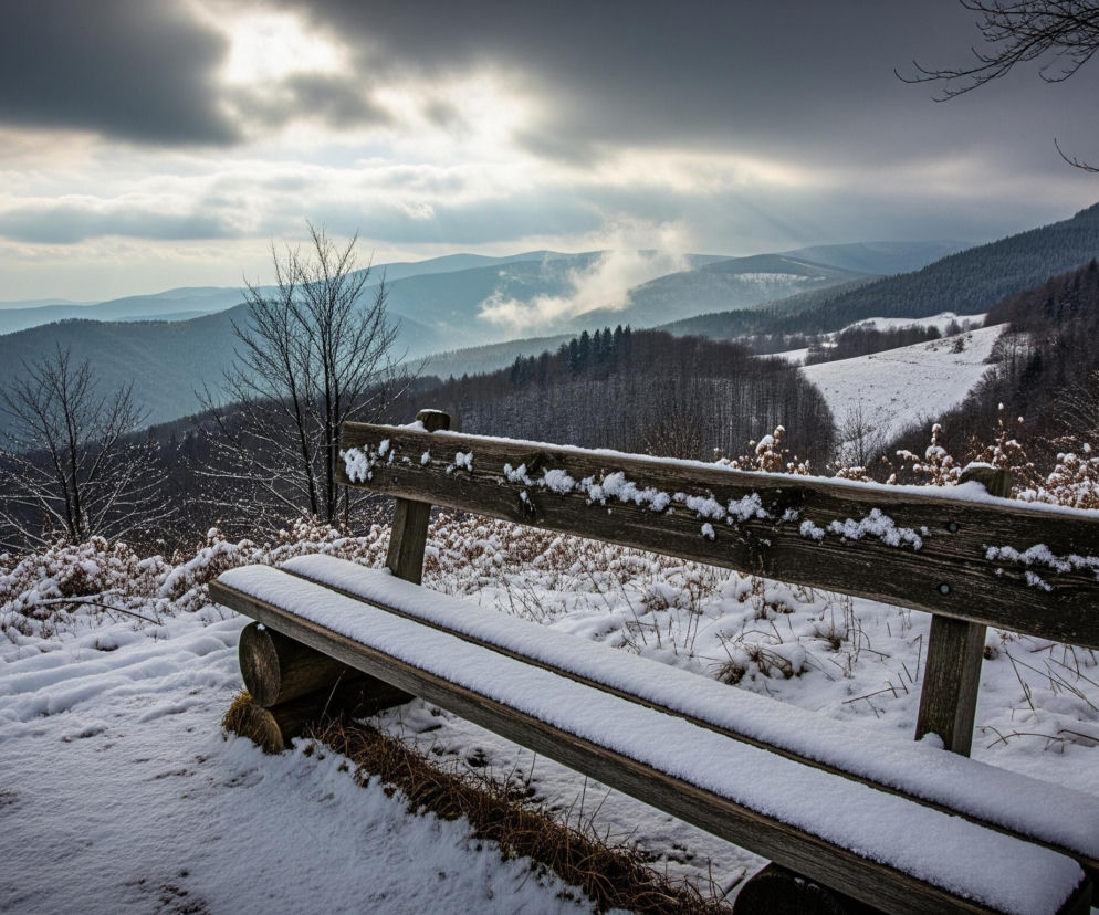 Drewniana ławka w całości pokryta białym, puszystym śniegiem dominuje na pierwszym planie, jej deski mają ciemnobrązową barwę. Za nią rozciąga się zimowy krajobraz górski z licznymi pagórkami i wzniesieniami, częściowo pokrytymi lasami iglastymi i liściastymi bez liści, również oprószonymi śniegiem. Niebo jest pochmurne i szare, z prześwitującymi promieniami słońca, które tworzą smugi światła na horyzoncie. Dominują odcienie bieli, szarości i ciemnego brązu, z delikatnymi błękitami w oddali.